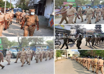நகர்புற உள்ளாட்சி தேர்தலை முன்னிட்டு காஞ்சிபுரம் மாவட்ட காவல்துறையினர் கொடி அணிவகுப்பு