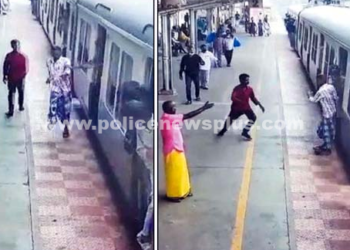 ஓடும் மின்சார ரெயிலில் சிக்க முயன்ற, பயணியை மீட்ட காவல் துறையினர்